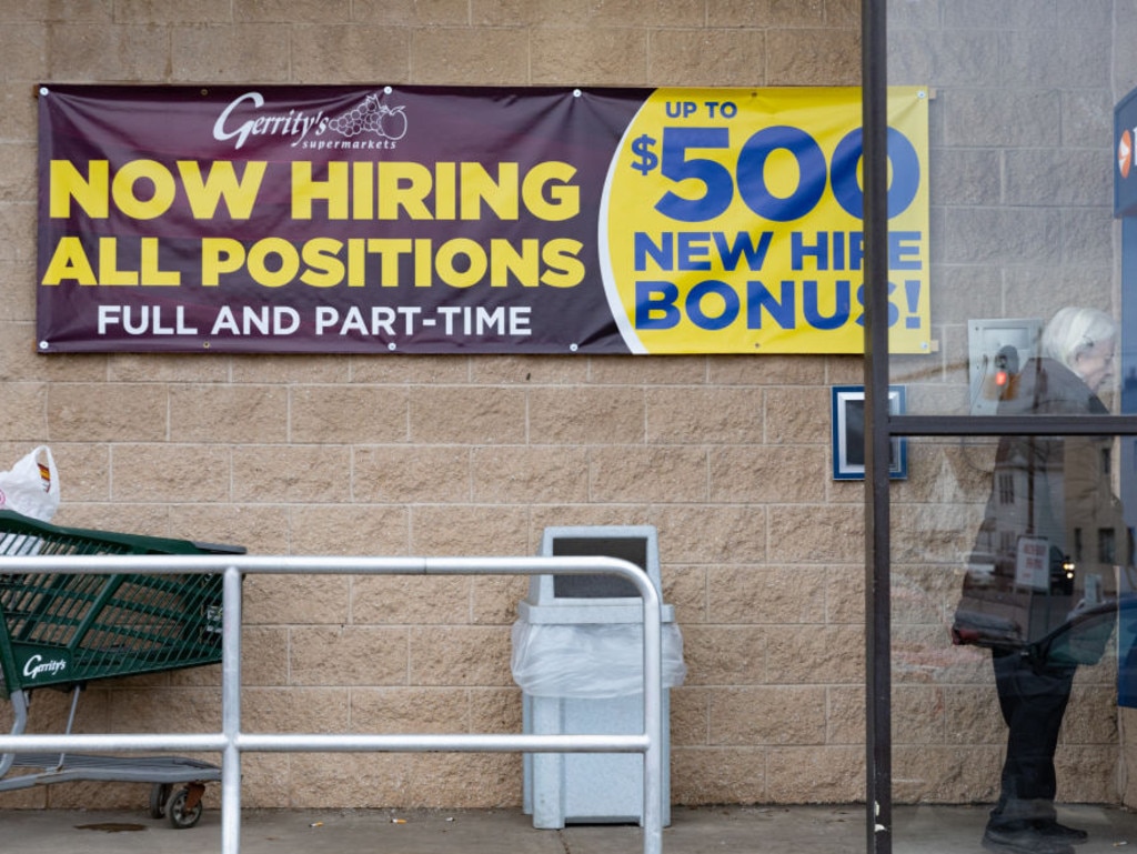 A ‘now hiring’ sign at Gerrity’s Supermarket in Scranton, Pennsylvania. Picture: Hannah Beier/Bloomberg via Getty