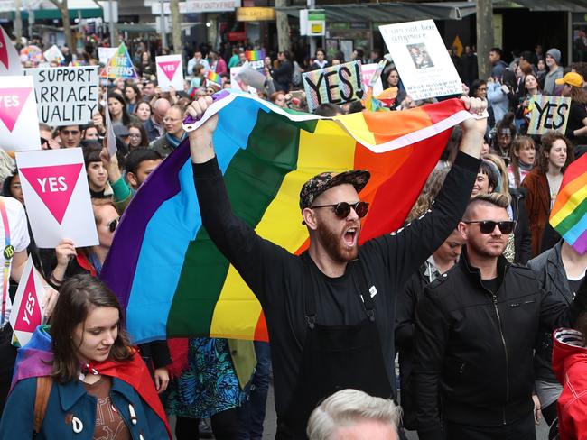 The new ad comes as marriage equality campaigners hosted a mass gay wedding ceremony in Melbourne's CBD in support of a 'yes' vote in the upcoming postal survey. Picture: AAP