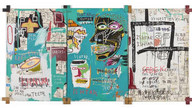 Jean-Michel Basquiat, Ishtar 1983, synthetic polymer paint, wax crayon and photocopy collage on canvas and wood. Picture: Estate of Jean-Michel Basquiat. Licensed by Artestar, New York