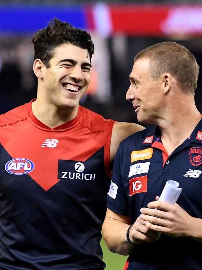 Demons coach Simon Goodwin and Christian Petracca have their tails up. Pic: AAP