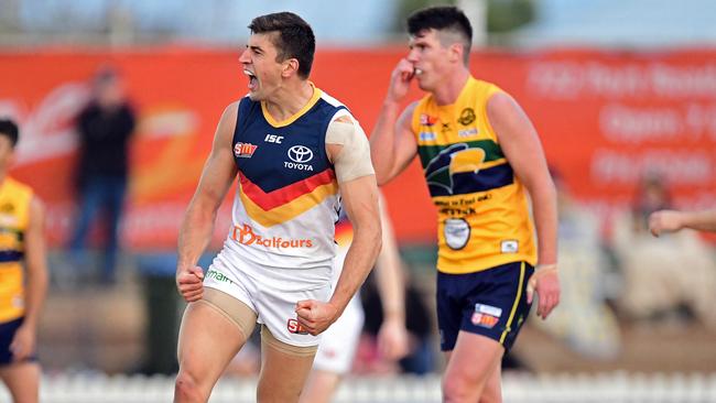 Adelaide's Patrick Wilson celebrates kicking a goal against the Eagles in the SANFL this month. Picture: Tom Huntley