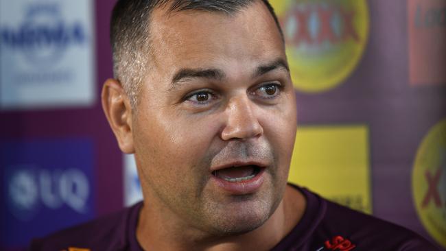 Brisbane Broncos coach Anthony Seibold is seen during a press conference in Brisbane, Thursday, August 22, 2019. The Broncos will clash with the South Sydney Rabbitohs in their round 23 match at Suncorp stadium tomorrow night. (AAP Image/Dan Peled) NO ARCHIVING