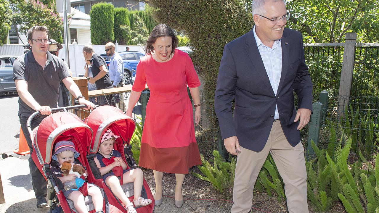 Kelly O'Dwyer with her family and Prime Minister Scott Morrison (right) arriving at a joint press conference in Melbourne on Saturday. Picture: Ellen Smith/AAP