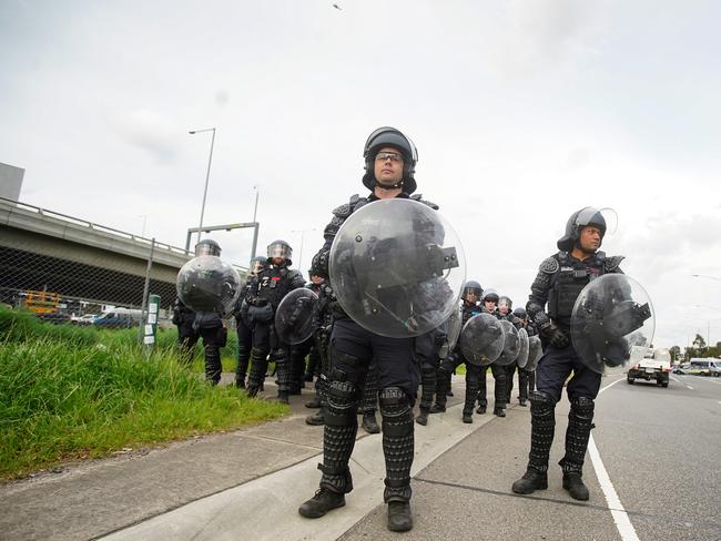 Heavily equipped police are out in full force. Picture: NewsWire / Luis Enrique Ascui