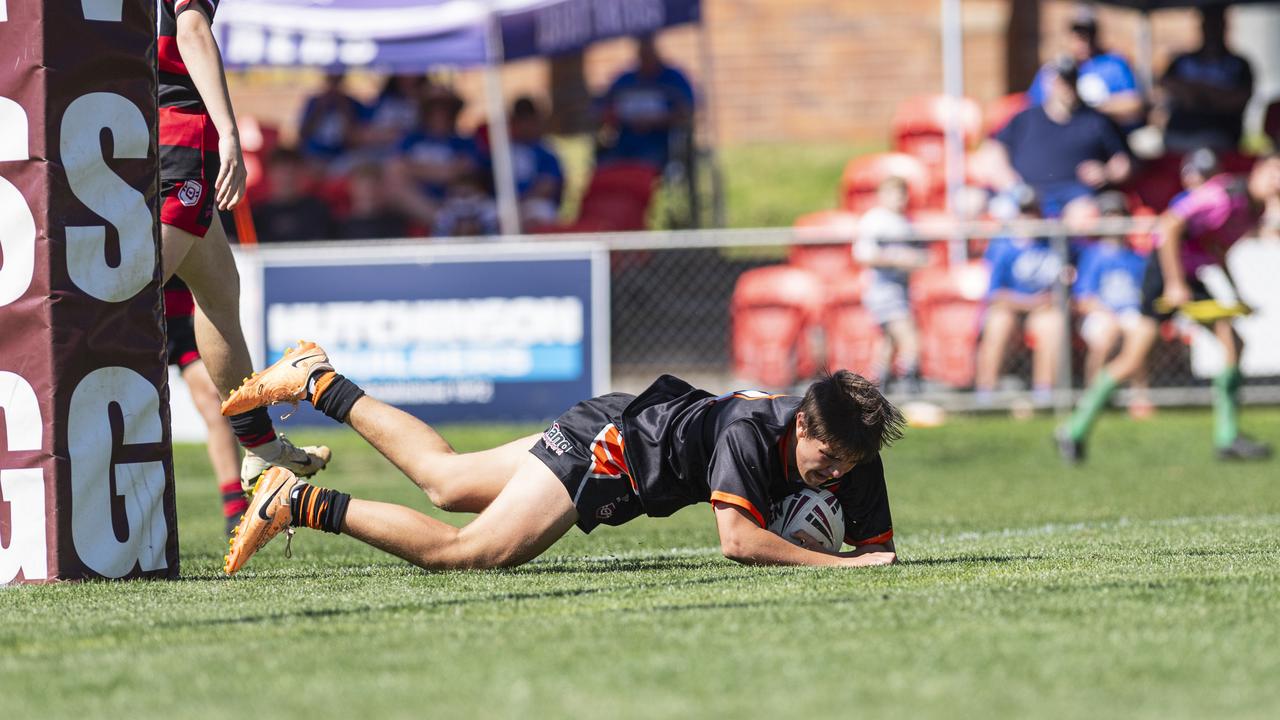 Harrison Parsons gets a try for Southern Suburbs against Valleys in U13/14 boys Toowoomba Junior Rugby League grand final at Toowoomba Sports Ground, Saturday, September 7, 2024. Picture: Kevin Farmer