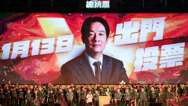 A giant screen shows (William) Lai Ching-te, presidential candidate for 2024 from the ruling Democratic Progressive Party, during an election campaign rally last week. Picture: Sam Yeh/AFP