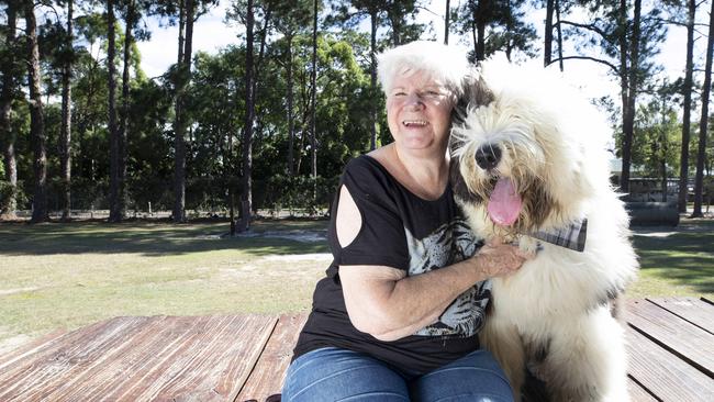 Janeanne Diprose with her 6 month Old English sheepdog CeeJay enjoy the Kroll Gardens dog park at Clontarf. Picture: Renae Droop