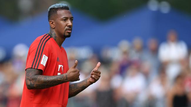 Bayern Munich's defender Jerome Boateng gestures during a team training session of the German first division Bundesliga team FC Bayern Munich in the team training camp in Rottach-Egern, southern Germany, on August 3, 2018.   / AFP PHOTO / Christof STACHE