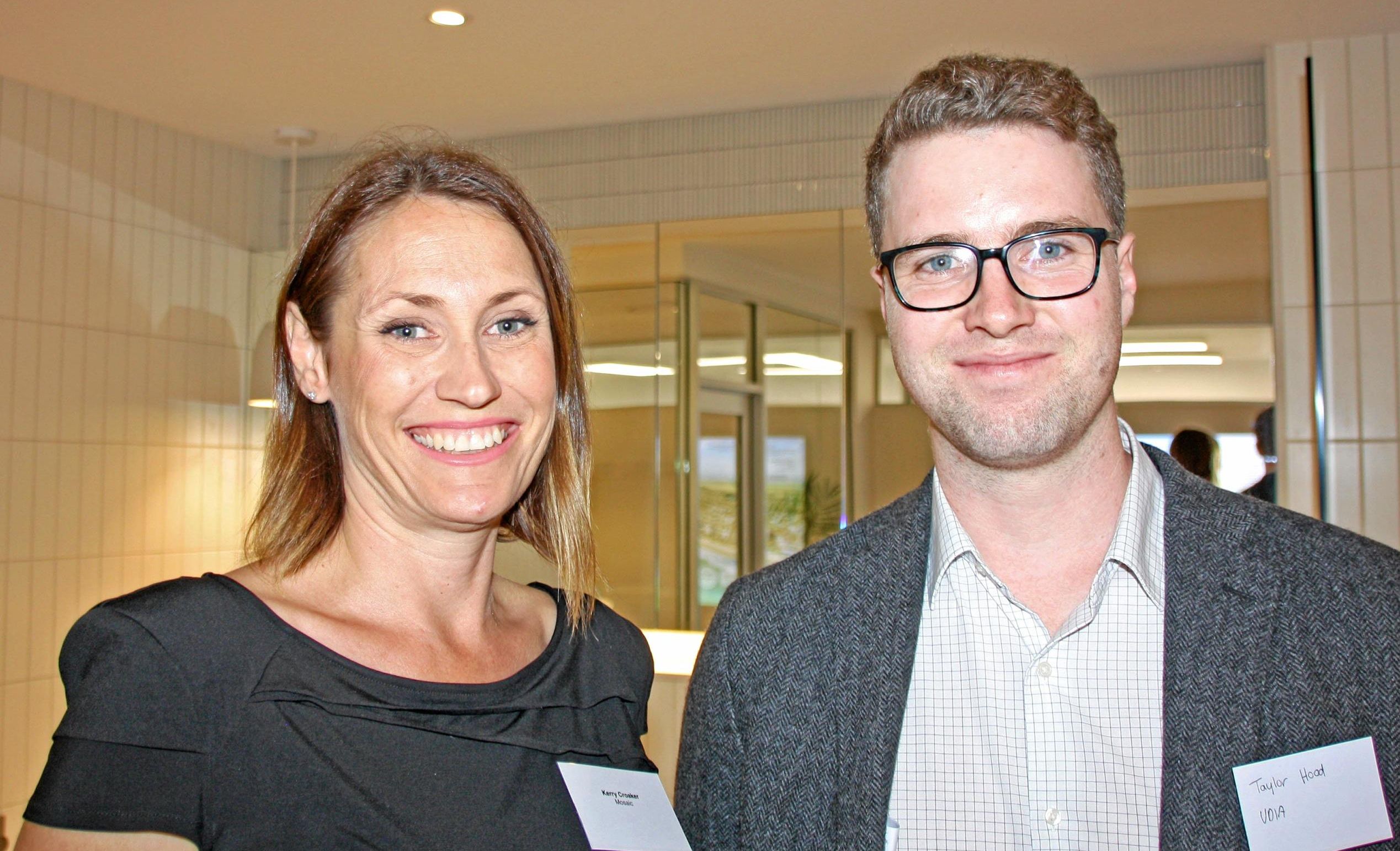 Kerry Croaker of Mosaic and Taylor Hood of UDIA at the opening of Mosaic Property Group's new Sunshine Coast office in Duporth Avenue, Maroochydore. Picture: Erle Levey