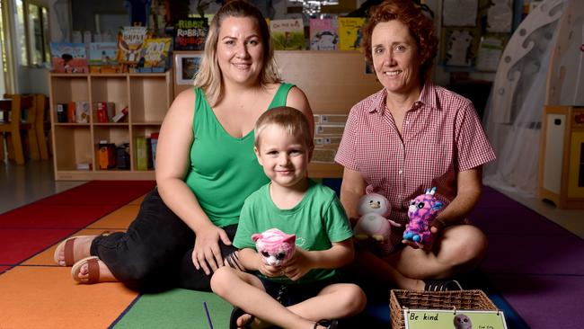 Miranda Cowdray with Dade, 5, and centre director Sharon Kelly at the C&amp;K Oonoonba Community Kindergarten. Picture: Evan Morgan