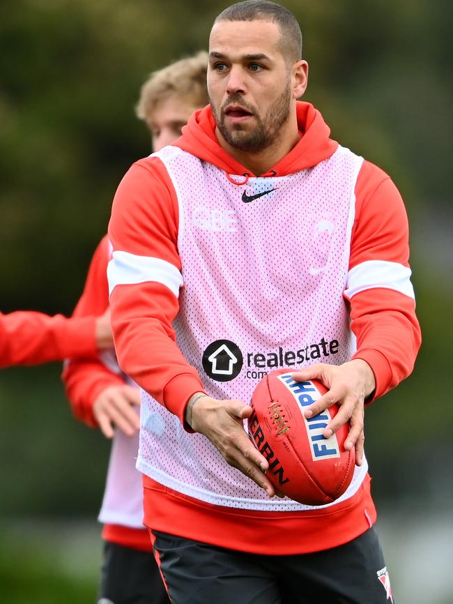 Lance Franklin kicks the ball at a training session at Xavier College. Picture: Getty Images