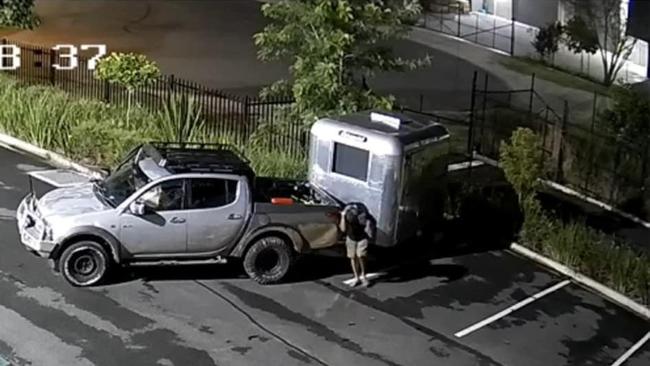 CCTV footage captured the caravan being towed by a grey or silver ute, with a man who is described as having a half-leg tattoo on his left leg.