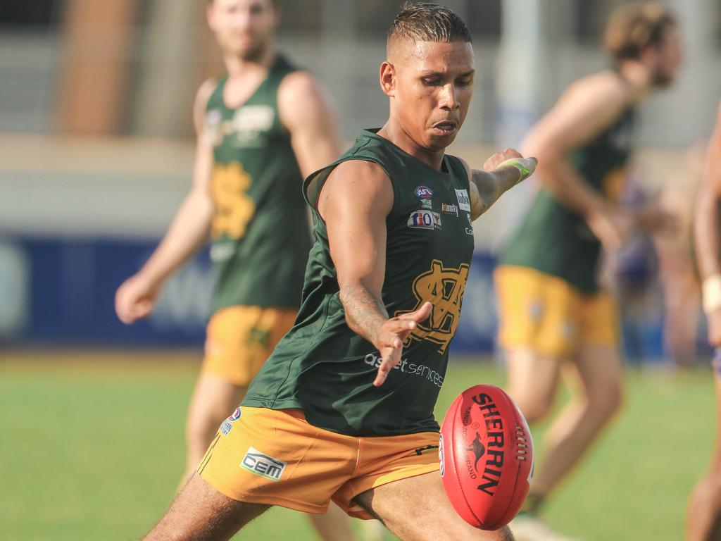 Nick Yarran kicks clear against Wanderers in the first semi-final at TIO Stadium. Picture: Glenn Campbell