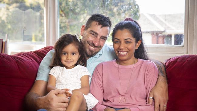 Mother-of-one Lakshana Ryan, 33, husband Brett Ryan, 36, and their daughter Brooklyn, 2, have just turned over a new leaf financially. Lakshana has paid off her buy now pay later debts, her credit card debt and shut down all these accounts. Picture: Sarah Matray