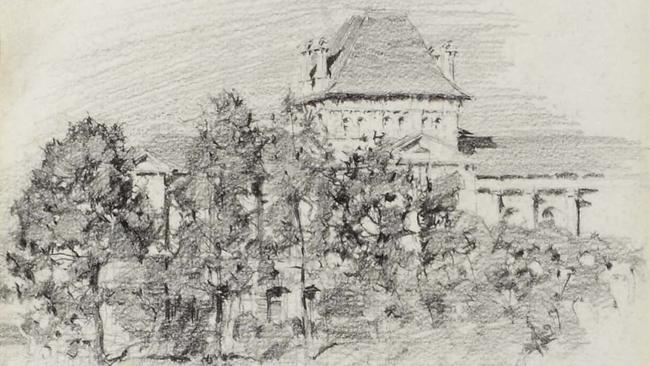 Detail of Lloyd Rees’ Law Courts North Quay, 1915, pencil on paper. City of Brisbane Collection, Museum of Brisbane. Photo: Carl Warner