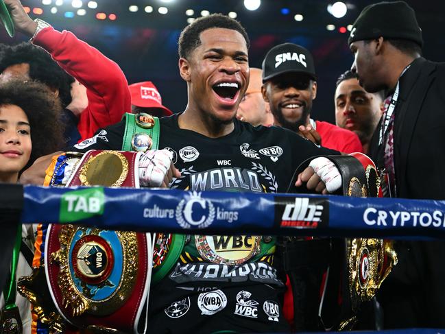 Haney celebrates his unification after pounding Kambosos. Picture: Getty Images