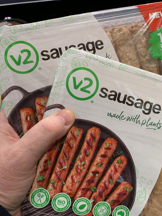 V2 Food’s plant-based sausages. Picture: Peter Hemphill