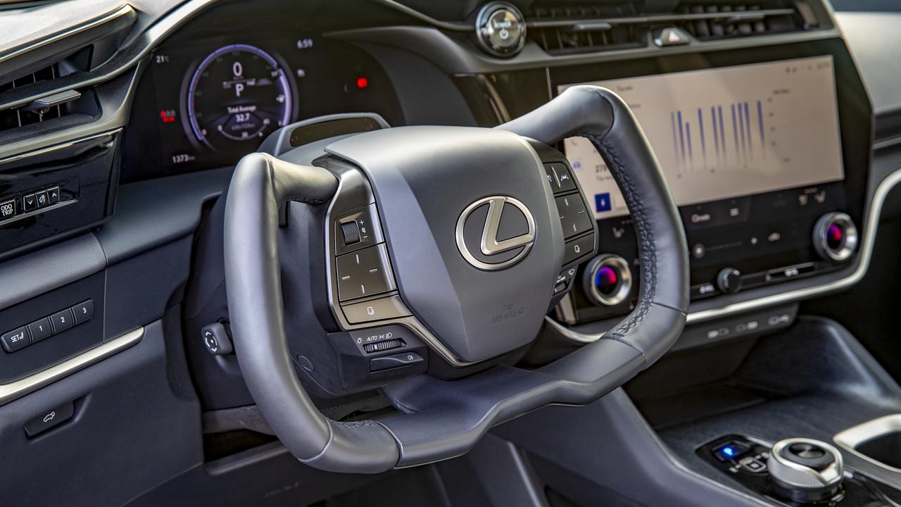 Lexus RZ electric SUV steering wheel.