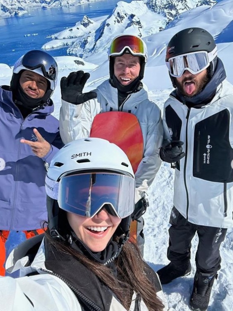 Celebrities Lewis Hamilton, Nina Dobrev, Shaun White and Jared Leto snowboard in Antarctica over New Years. Picture: Nina Dobrev / Instagram