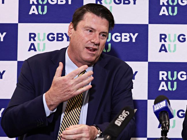 DAILY TELEGRAPH JUNE 4, 2023. (LR) Chairman Hamish McLennan and Incoming CEO Phil Waugh of Rugby Australia speaking at a press conference at Alianz stadium more park. Picture: Adam Yip
