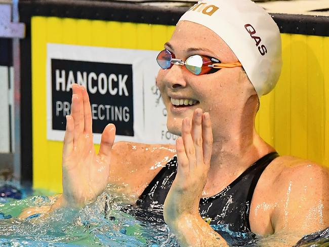 ADELAIDE, AUSTRALIA - APRIL 14: Cate Campbell of Australia celebrates winning the Women's 50 Metre Freestyle during the 2016 Australian Swimming Championships at the South Australia Leisure & Aquatic Centre on April 14, 2016 in Adelaide, Australia. (Photo by Quinn Rooney/Getty Images)