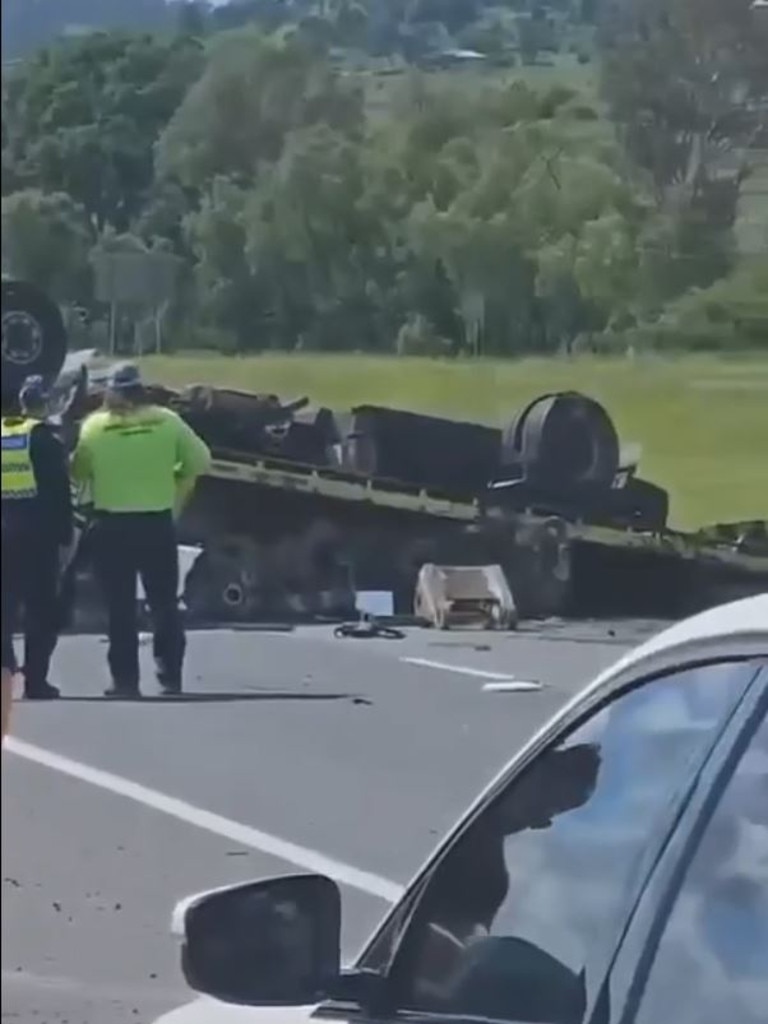 Long traffic delays are expected on the eastbound lane of the Warrego Highway after a truck and ute collided after 8am on Monday.