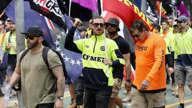 CFMEU workers pictured marching through the streets of Brisbane, 27th August 2024.