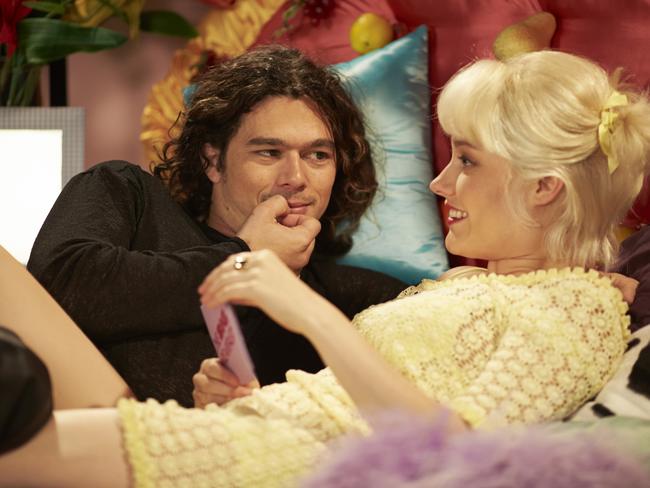 Sexy rock god ... Luke Arnold and Georgina Haig recreate the famous Michael Hutchence/Paula Yates Big Breakfast interview for Channel Seven mini-series INXS: Never Tear Us Apart. Picture: Channel Seven