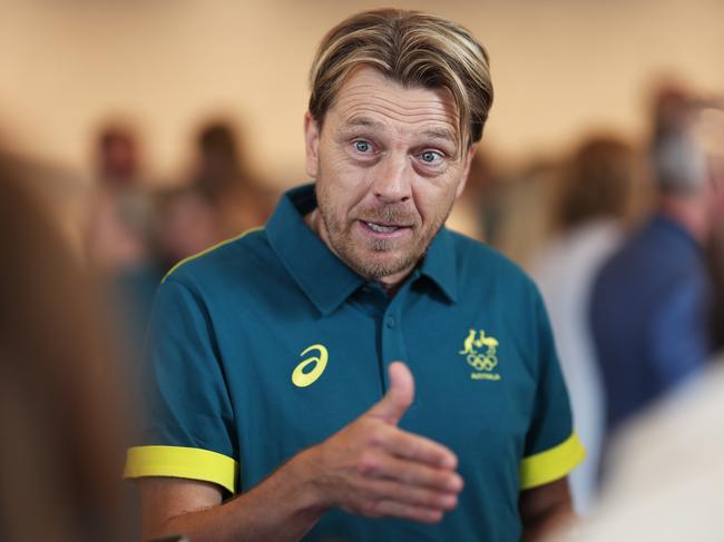 SYDNEY, AUSTRALIA - JUNE 04:  Australia head coach Tony Gustavsson speaks to the media during the Australian 2024 Paris Olympic Games Women's Football Squad Announcement at Sydney Olympic Park Sports Centre on June 04, 2024 in Sydney, Australia. (Photo by Matt King/Getty Images)