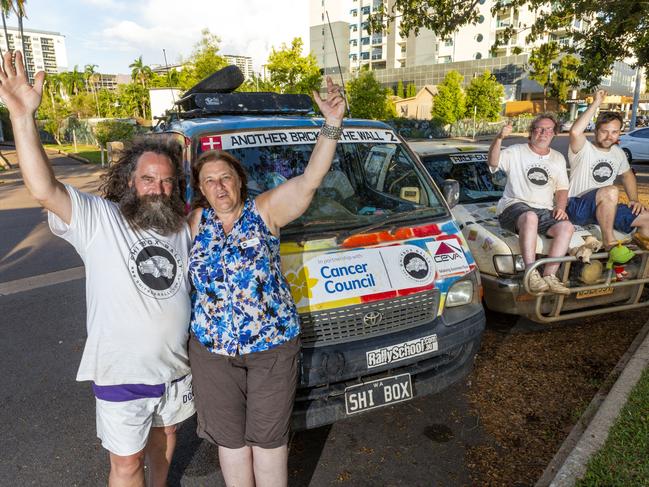 From Perth, Sam and Cazz Hooper travelled 3342km in a 1999 Toyota HiAce which they paid $500 for. On the right, from Busselton, John Miller and Dean Elliott drove a 1996 Holden Rodeo. Picture: Floss Adams.