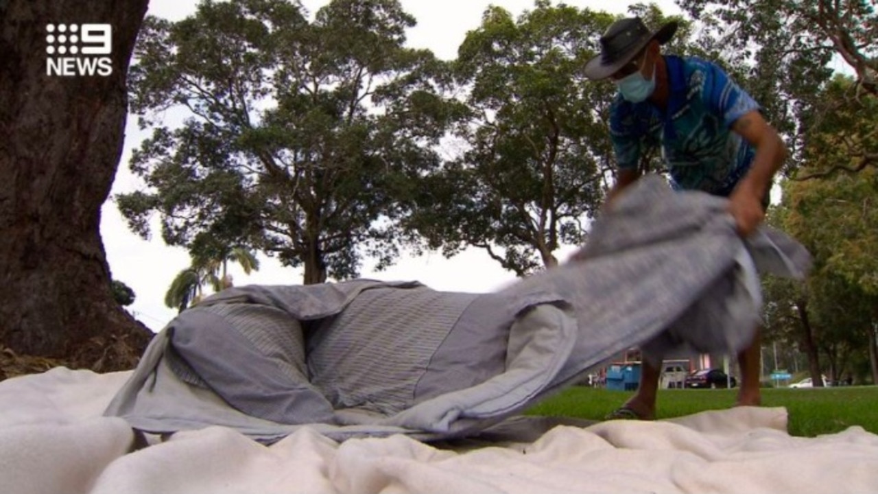 Mr Wass setting up his temporary home in the park. Picture: Channel 9