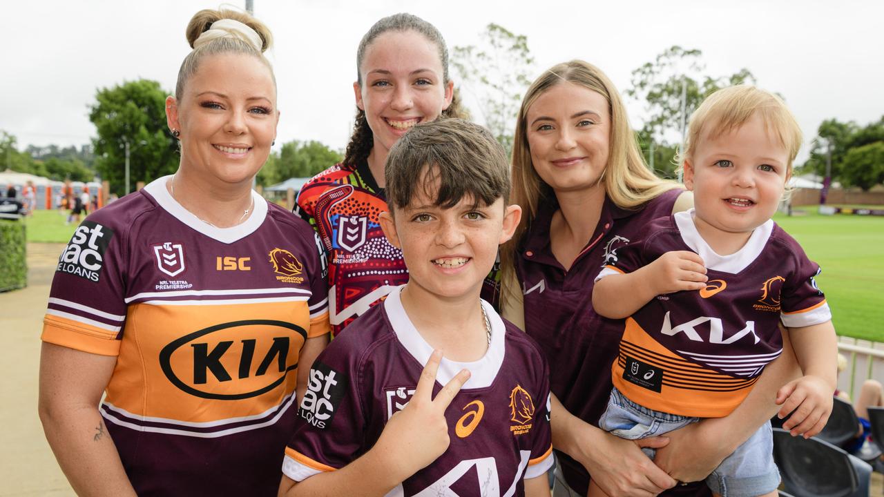 Warwick visitors (from left) Katrina Pratt, Chelsea Pratt, Xavier Pratt, Mickayla Delaney holding Hollis Delany at the Brisbane Broncos Captain's Run and Toowoomba Fan Day at Toowoomba Sports Ground, Saturday, February 15, 2025. Picture: Kevin Farmer