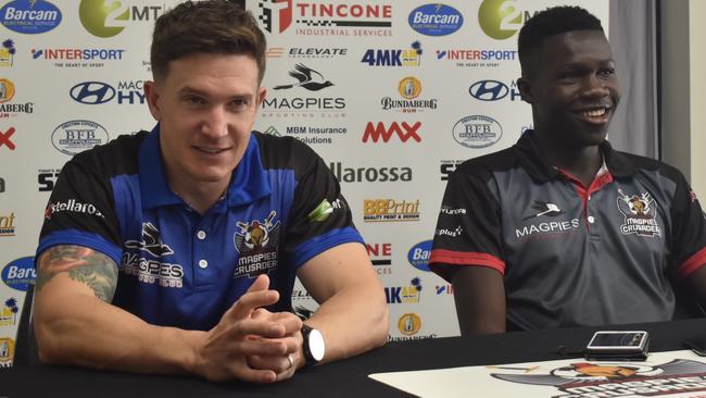 Magpies Crusaders coach Tom Ballantyne (from left) answers questions with Aaron Kidmas. Picture: Matthew Forrest