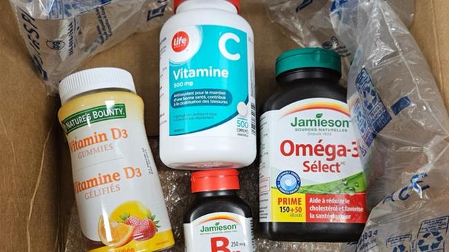 Australian Border Force officers intercepted these vitamin B, vitamin C and Omega-3 bottles, which actually contained 3500 pseudoephedrine tablets. Picture: Australian Border Force