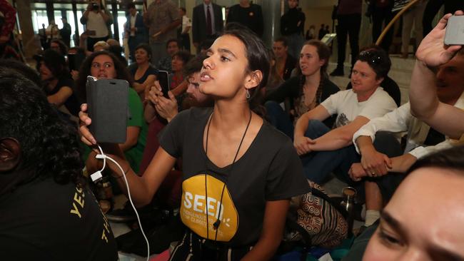 Tidelands actress Madeleine Madden joins the protesters in Parliament House today. Picture: Gary Ramage