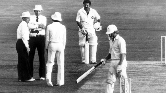 Rodney Hogg is given out after leaving his crease and being run out by Javed Miandad.