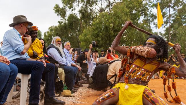 Cedric Marika with Prime Minister of Australia Anthony Albanese, Galarrwuy and Sen Patrick Dodson during the Garma Festival 2022 at Gulkula. Picture: Tamati Smith/ Getty Images