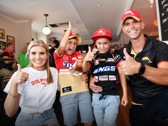 NRL:Roosters V Dolphins, Suncorp Stadium. Pictured at The Lord Alfred is Jess, Jaxson, Jai and Brad Saunders. Photo: Patrick Woods.