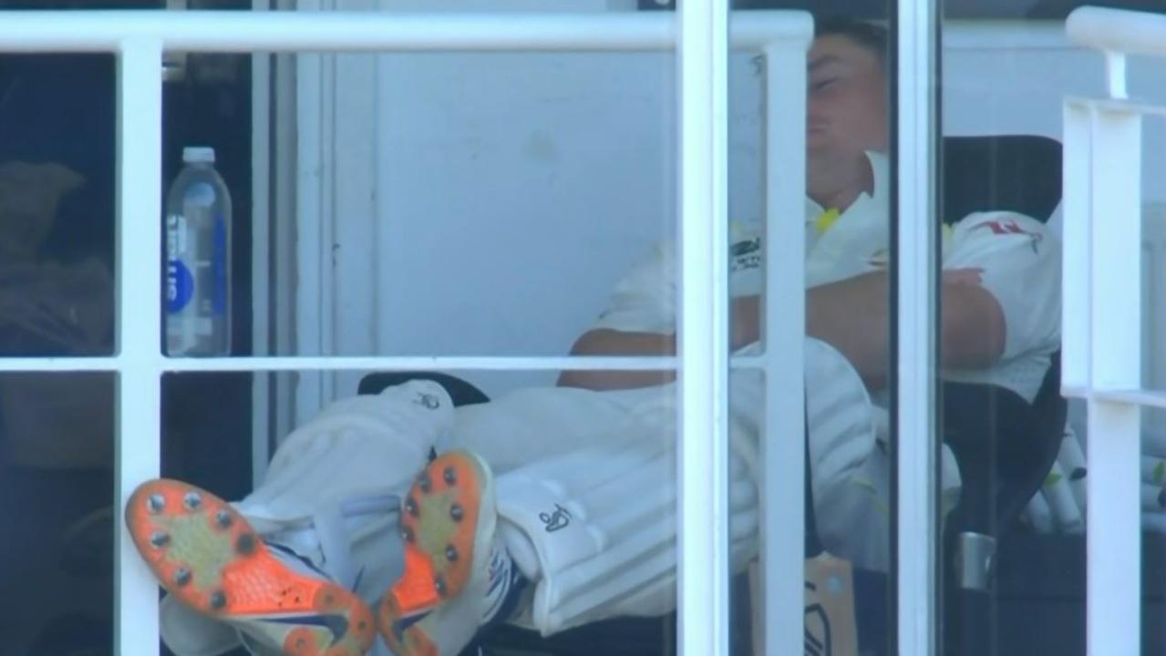 Marnus Labuschagne was laying back with his eyes closed when David Warner was removed. Picture: Channel 7