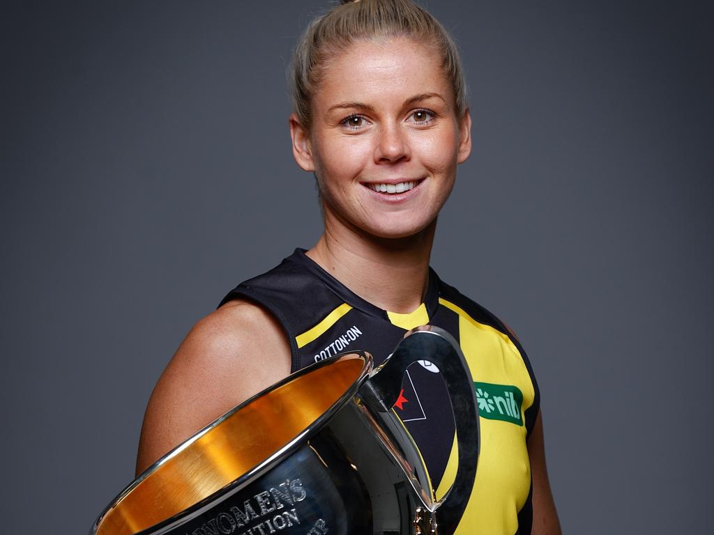 Katie Brennan poses with the premiership cup. Picture: Michael Willson/AFL Photos via Getty Images)