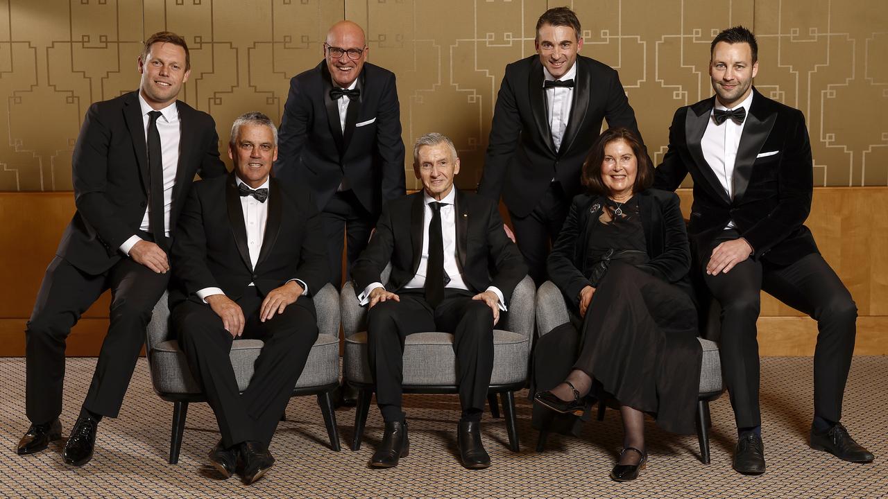 AFL Hall of Fame inductees (Back Row L-R) Sam Mitchell, Michael Aish, Corey Enright and James Bartel, (Front Row L-R) Mark Williams, Bruce McAvaney and Christine Cornish on behalf of Tom Leahy during the Australian Football Hall of Fame at Crown Palladium. Picture: Michael Willson/AFL Photos/via Getty Images
