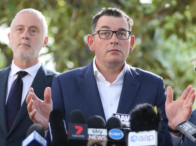 Victorian Premier Daniel Andrews faces the media with Special Minister of State Gavin Jennings. Picture: Alex Coppel