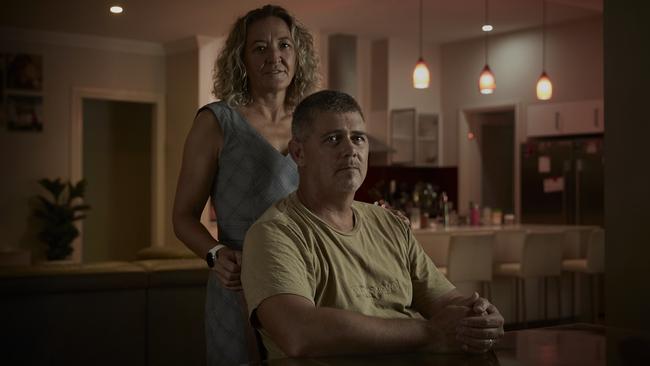 Eraring Power Station employee Scott King with his wife Megan at their home on the NSW Central Coast. Picture: Nick Cubbin/TWAM