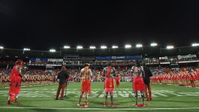 Footy greats described the pre-match scenes as “special”.. (Photo by James Wiltshire/AFL Photos via Getty Images)