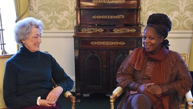 Lady Susan Hussey meeting with Ngozi Fulani. Picture: Handout/Buckingham Palace/AFP