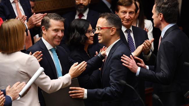 Treasurer Daniel Mookhey is congratulated by his Labor colleagues after delivering the state budget. Picture: NCA NewsWire