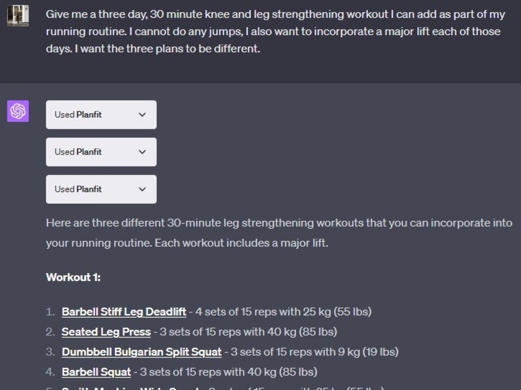 An example conversation in ChatGPT using the Planfit plug-in.