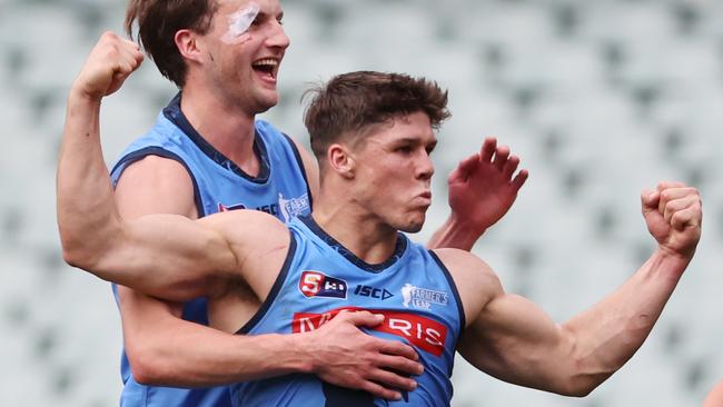 Tom Lewis celebrates a crucial goal in Sturt’s preliminary final win against Adelaide. Picture: David Mariuz/SANFL