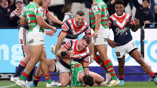 Angus Crichton celebrates a try in the first NRL game at the new venue.