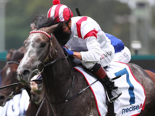 SYDNEY, AUSTRALIA - FEBRUARY 24: Kerrin Mcevoy riding Celestial Legend wins Race 8 Precise Air Hobartville Stakes  during "Silver Slipper Stakes Day" - Sydney Racing at Rosehill Gardens on February 24, 2024 in Sydney, Australia. (Photo by Jeremy Ng/Getty Images)